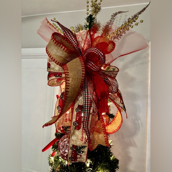 Christmas Bow Tree Topper Holiday Decor Custom Plaid Red Truck Burlap Plaid XL - Picture 8 of 9